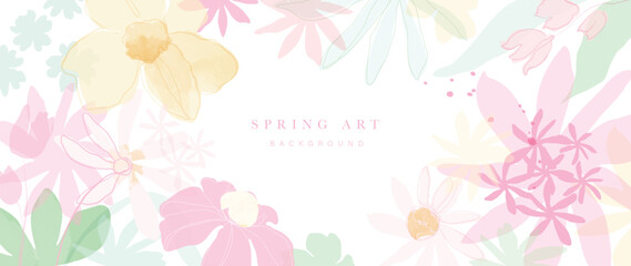 Fototapeta na wymiar Abstract spring floral art background vector illustration. Watercolor hand painted botanical flower, leaves and nature background. Design for wallpaper, poster, banner, card, print, web and packaging.