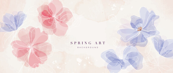 Abstract spring floral art background vector illustration. Watercolor hand painted botanical flower and line art background. Design for wallpaper, poster, banner, card, print, web and packaging.
