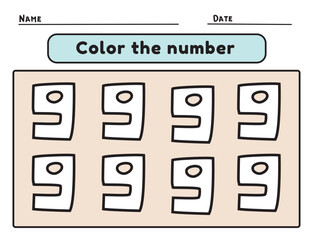Number nine coloring practice worksheet for kids learning to count and write. Vector Illustration.