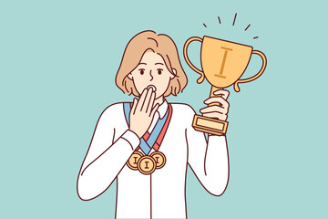 Puzzled woman with cup and medals of winner of sports olympiad covers mouth with hand. Discouraged girl surprised by annulment of competition results due to doping scandal. Flat vector illustration  - obrazy, fototapety, plakaty