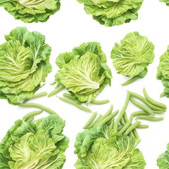 Lettuce and green beans, seamless pattern, tileable vegetables texture for backgrounds or large prints, part of Seamless Food Collection, Generative AI