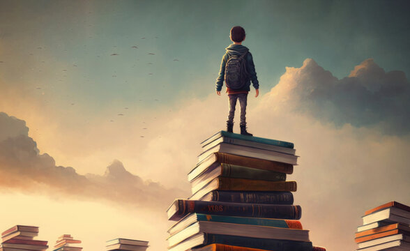 A child standing among many books