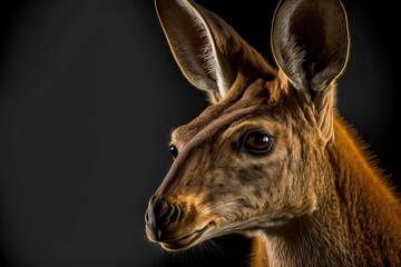 Close up portrait of a Kangaroo on black. Wild animal. Post-processed digital AI art	