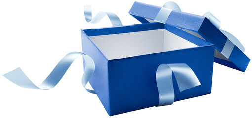 Blue open gift box with ribbon