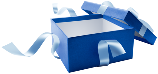 Blue open gift box with ribbon