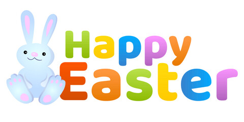 Happy Easter greetings text with cute cartoon bunny. Colorful and festive graphic for card, poster, banner, social media and invitation. Vector illustration © Tonika