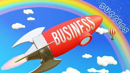 Sky is the limit - sparkling success in the high sky reached by Business rocket, puffy white clouds high in the blue sky. Business is a way to fly high and join the stars,3d illustration