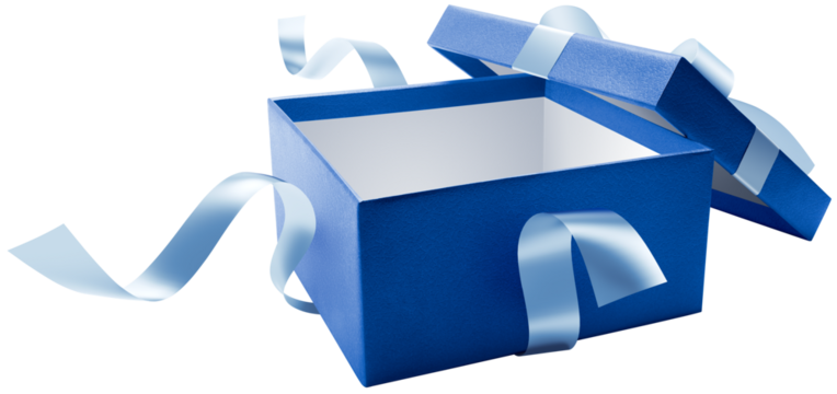 Blue open gift box with ribbon