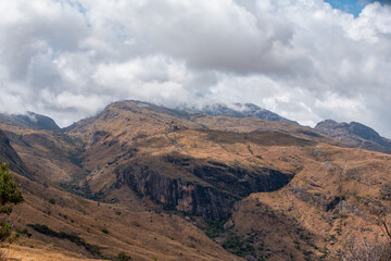Andringitra national park, Haute Matsiatra region, Madagascar, beautiful mountain landscape with trail to Chameleon peak and massifs. Hiking in Andringitra mountains. Madagascar wilderness landscape.