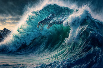 Painted Deep Blue Ocean Storm Waves. Generative AI