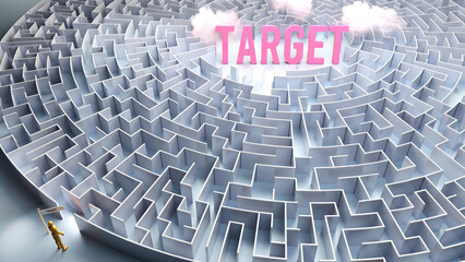 A journey to find Target - going through a confusing maze of obstacles and difficulties to finally reach target. A long and challenging path,3d illustration