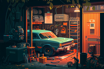 Illustration of a car in the garage at night, generative AI