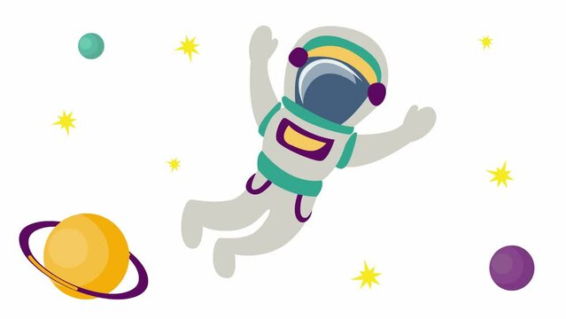 Animated cute astronaut with planets in the space. Spaceman flies among the stars. Vector flat illustration isolated on the white background. 