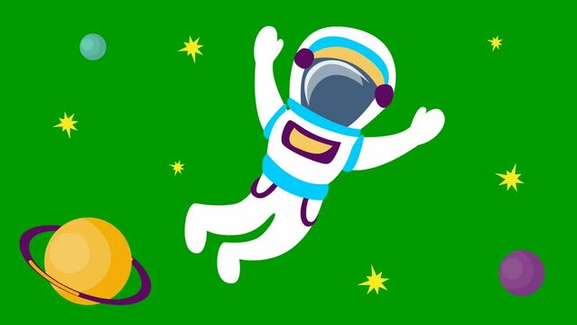 Animated cute astronaut with planets in the space. Spaceman flies among the stars. Vector flat illustration isolated on the green background. 