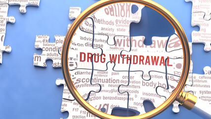 Drug withdrawal being closely examined along with multiple vital concepts and ideas directly related to Drug withdrawal. Many parts of a puzzle forming one, connected whole.,3d illustration - obrazy, fototapety, plakaty