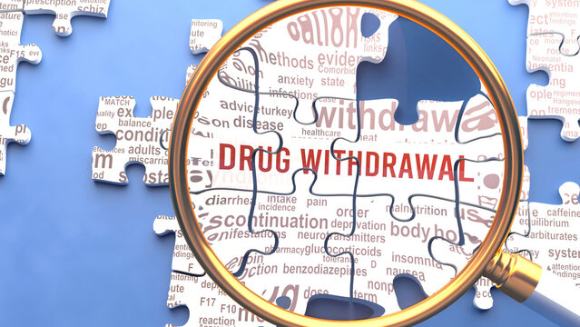 Drug withdrawal being closely examined along with multiple vital concepts and ideas directly related to Drug withdrawal. Many parts of a puzzle forming one, connected whole.,3d illustration