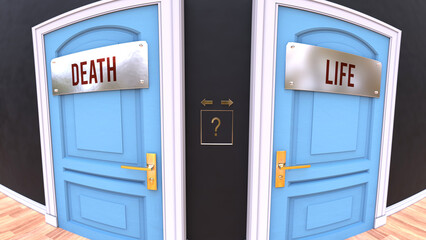 Two mutually exclusive paths to choose from, either Death or Life. The freedom of making a choice and favoring one of them, either Death or Life.,3d illustration