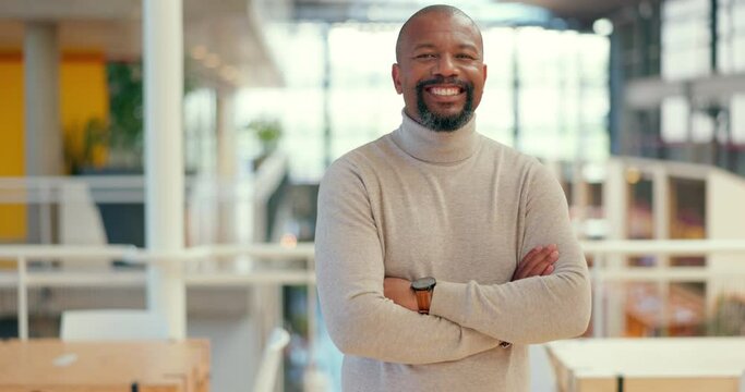 Black man, business and arms crossed portrait while in office for growth, vision and development. Happy entrepreneur person excited about goals, management and motivation at creative workplace