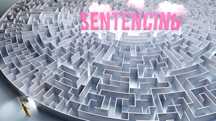 A journey to find Sentencing - going through a confusing maze of obstacles and difficulties to finally reach sentencing. A long and challenging path,3d illustration