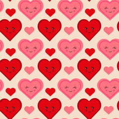 Seamless pattern with pink and red hearts different emotions and design. Smiling heart. Vector retro texture. 