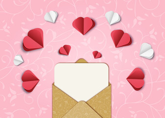 hearts on a pink background from above; postcard for Valentine's Day; paper cut