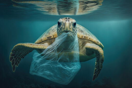 Ecological disaster of plastic garbage in the ocean. Generative AI illustration.