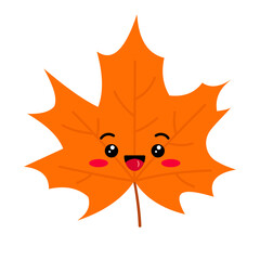 Cute maple leaf kawaii character with face smiling emoticon. Happy cartoon orange autumn maple leaves icon vector illustration.
