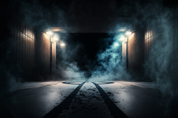 Science fiction interior scene- sci-fi corridor render scene with neon lights and smoke created with Generative AI technology	