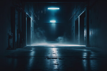 Science fiction interior scene- sci-fi corridor render scene with neon lights and smoke created with Generative AI technology	