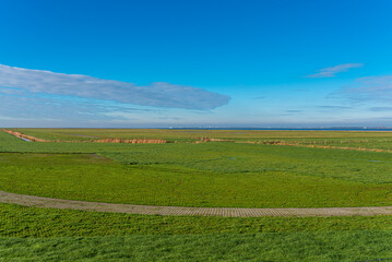 Dike foreland and salt marsh in Hagermarsch, Hilgenriedersiel on the East Frisian North Sea coast. There is a large floodplain in front of the dike on the wadden sea
