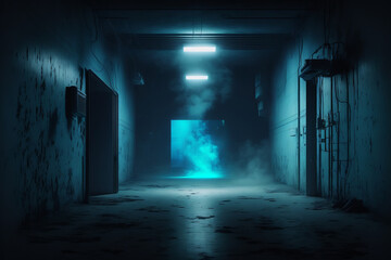 Fototapeta na wymiar Science fiction interior scene- sci-fi corridor render scene with neon lights and smoke created with Generative AI technology 