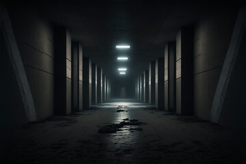 Science fiction interior scene- sci-fi corridor render scene with neon lights and smoke created with Generative AI technology	