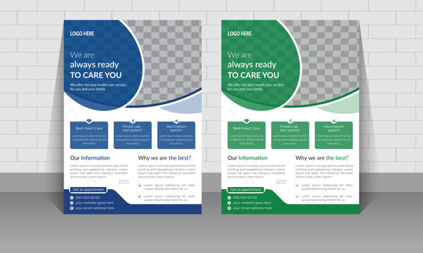 Medical Flyer Template Design. Corporate healthcare Flyer Layout with Blue Accents. Healthcare a4 flyer design template for print. Suitable for social media, websites and flyers or poster layout.