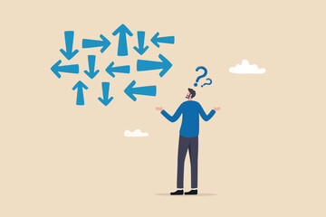 Confusion, frustration or decision making, mess, dilemma or complicated problem, lack of understanding, uncertain concept, confused frustrated businessman look at direction arrows with question marks.