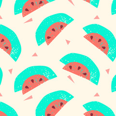 Abstract pattern with geometric shapes watermelons. Red and blue on white background. Great background for your summer  design.