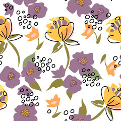 Abstract flower pattern with yellow and violet on white background. Spring botanic background. Plants,floral texture.