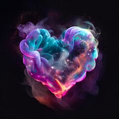 Cyber ​​neon colors, futuristic smoke and fog heart on dark background. Cyberpunk Valentine's Day. Minimal love concept. Illustration, Generative AI.