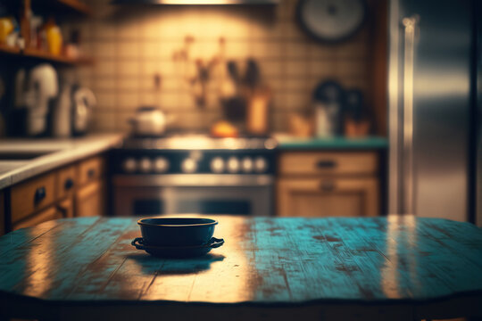 Empty tabletop over unfocused kitchen with copy space. Generative AI illustration.