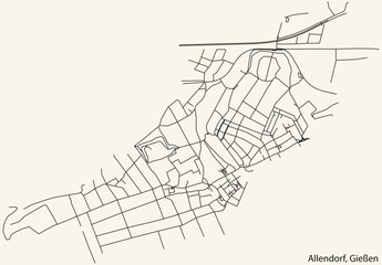 Detailed navigation black lines urban street roads map of the ALLENDORF DISTRICT of the German town of GIESSEN, Germany on vintage beige background