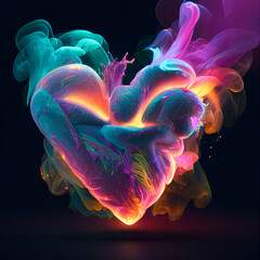 Cyber ​​neon colors, futuristic smoke and fog heart on dark background. Cyberpunk Valentine's Day. Minimal love concept. Illustration, Generative AI.