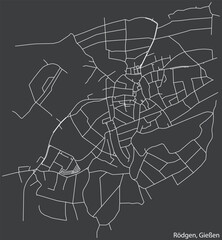 Detailed negative navigation white lines urban street roads map of the RÖDGEN DISTRICT of the German town of GIESSEN, Germany on dark gray background