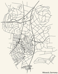 Detailed navigation black lines urban street roads map of the WIESECK DISTRICT of the German town of GIESSEN, Germany on vintage beige background