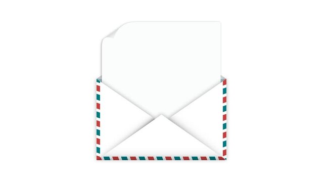Animated cheerful paper envelope opens and reads the letter. Template for holiday greetings or postcard. Cartoon looped video isolated on white background