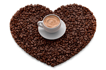 Ceramic coffee cup with coffee beans for americano, espresso, latte on white