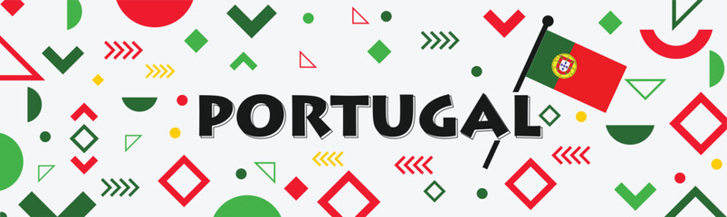 Portugal national day banner design. Portuguese flag and map theme with Lisbon landmarks background. Abstract geometric retro shapes of red and green color. Vector illustration. Portuguesa.
