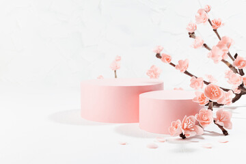 Romantic spring scene with two pink cylinder podiums mockup and branch of lush pink sakura flowers in sunlight on light white interior, template for presentation cosmetic products, goods, branding.