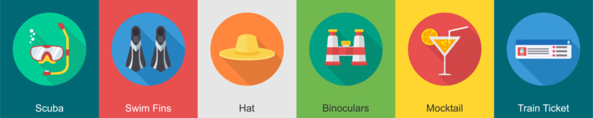 A set of 6 travel icons as scuba, swim fins, hat