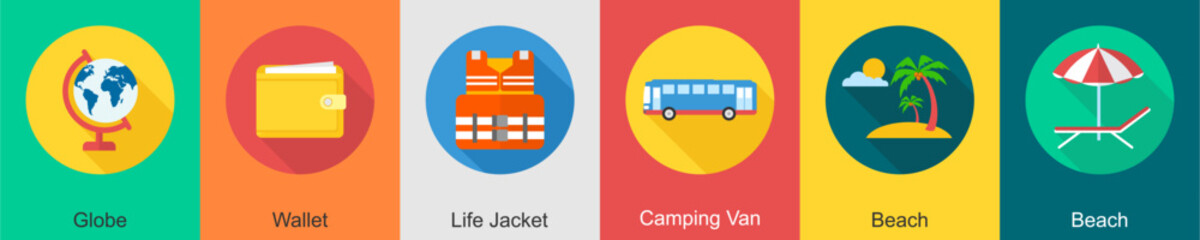A set of 6 travel icons as globe, wallet, life jacket