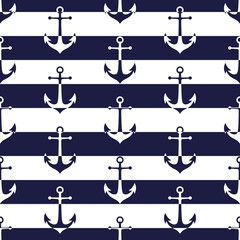 Anchors seamless pattern in white and dark blue colors. Simple silhouettes on striped background. Best for textile, print, wallpapers, and home decoration.