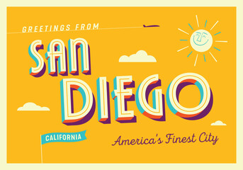 Greetings from San Diego, California, USA - America's Finest City - Touristic Postcard. - obrazy, fototapety, plakaty
